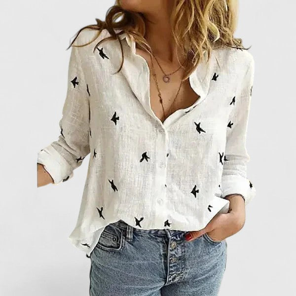 Effortless Floral Linen Blouse for Women with Collar Long Sleeve Button Front Relaxed Style