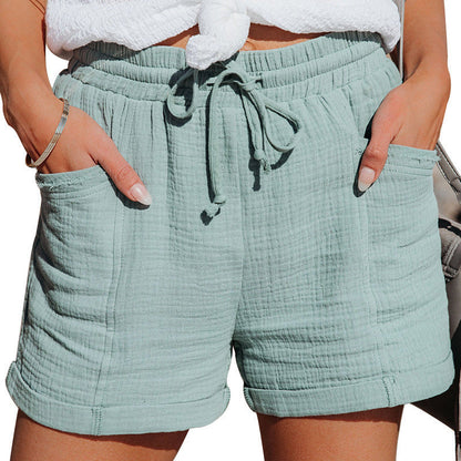 Effortless Textured Cotton Shorts for Women with High Waist Drawstring Cuffed Hem Casual Style
