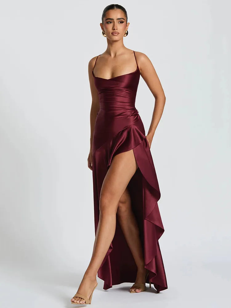 Elegant Satin Maxi Dress for Women with Cowl Neck Spaghetti Strap Ruffle High Slit Formal Style
