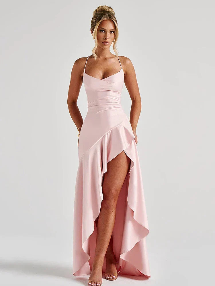 Elegant Satin Maxi Dress for Women with Cowl Neck Spaghetti Strap Ruffle High Slit Formal Style