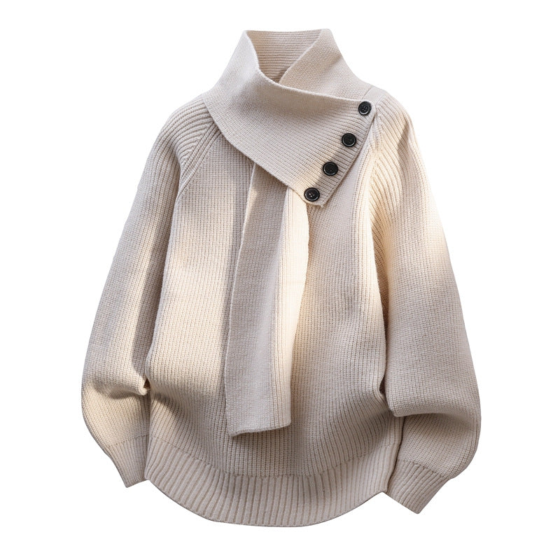 Comfortable Knit Sweater for Women with Asymmetrical Collar Batwing Sleeve Button Detail Relaxed Style
