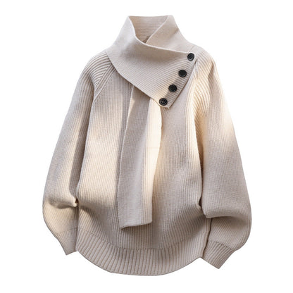 Comfortable Knit Sweater for Women with Asymmetrical Collar Batwing Sleeve Button Detail Relaxed Style
