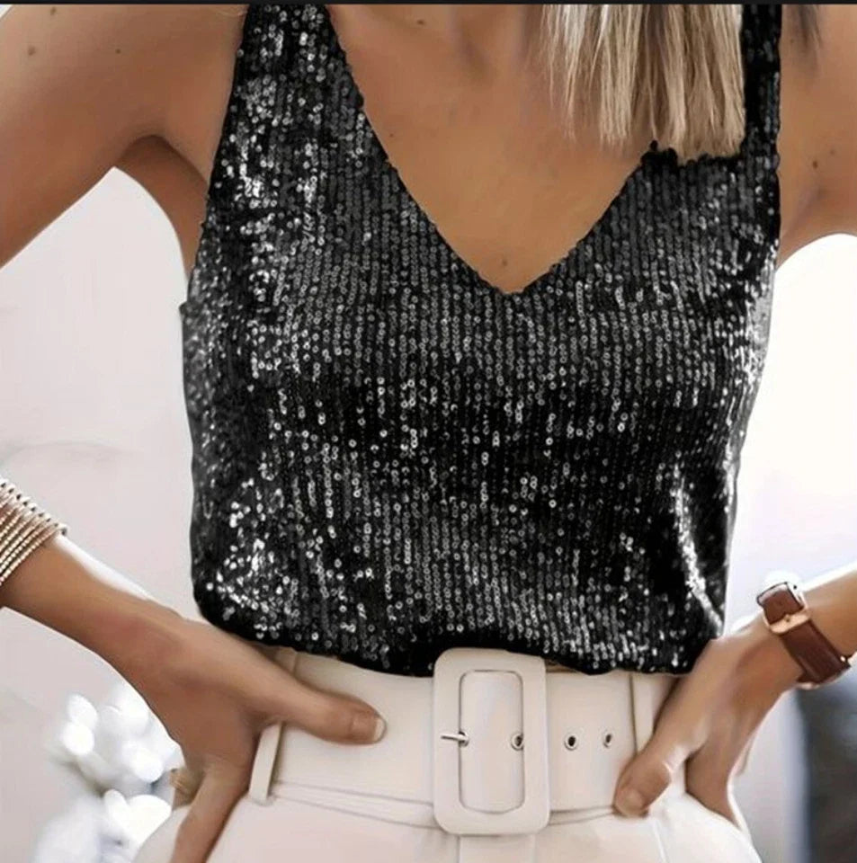 Elegant Sequin Going Out Top for Women with V Neck Sleeveless Cropped Sparkle Style