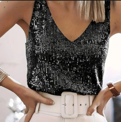 Elegant Sequin Going Out Top for Women with V Neck Sleeveless Cropped Sparkle Style