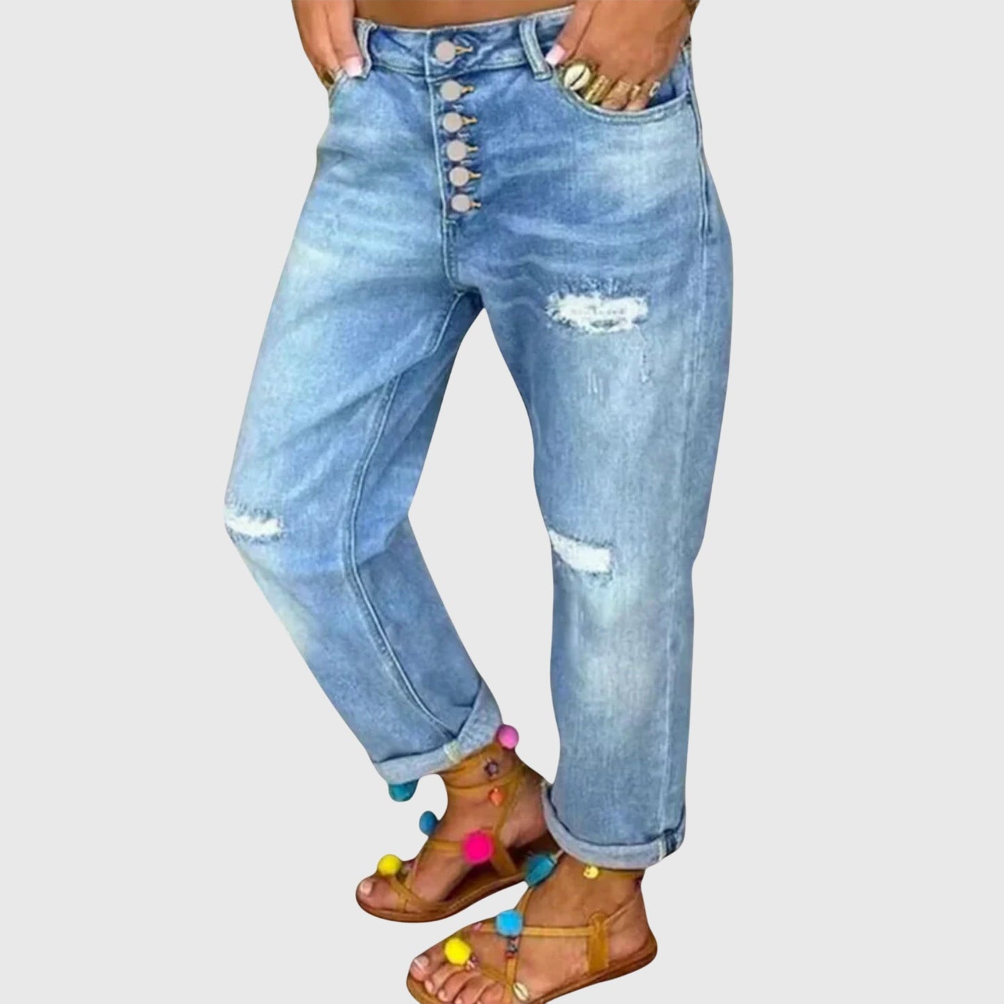 Effortless Blue Distressed Boyfriend Jeans for Women with High Waist Button Fly Cuffed Relaxed Style