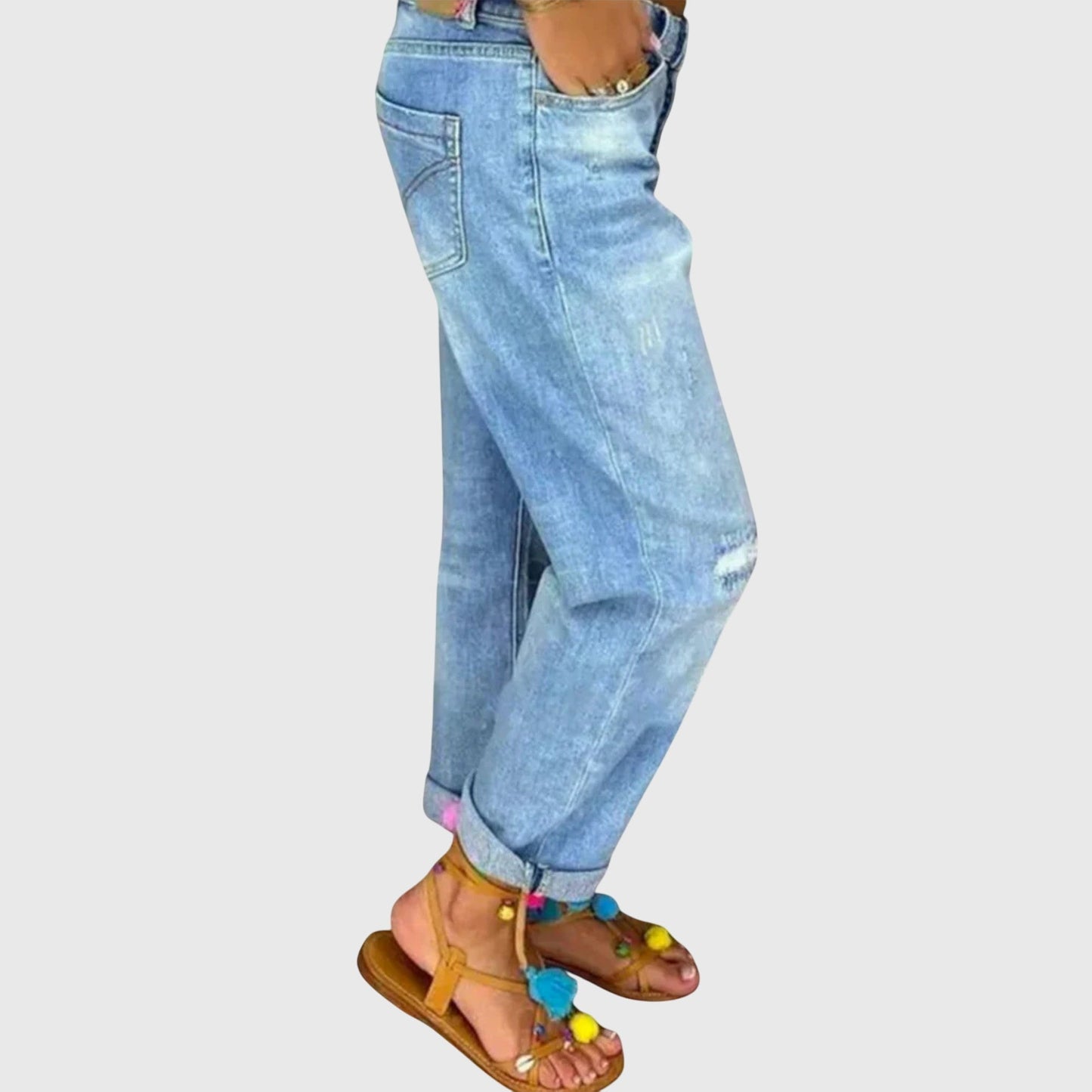 Effortless Blue Distressed Boyfriend Jeans for Women with High Waist Button Fly Cuffed Relaxed Style