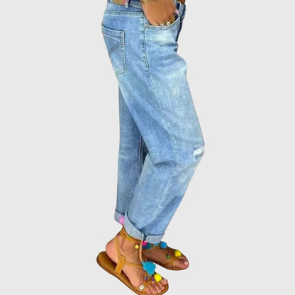 Effortless Blue Distressed Boyfriend Jeans for Women with High Waist Button Fly Cuffed Relaxed Style