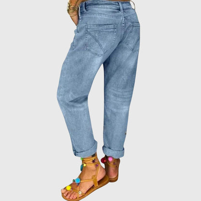 Effortless Blue Distressed Boyfriend Jeans for Women with High Waist Button Fly Cuffed Relaxed Style