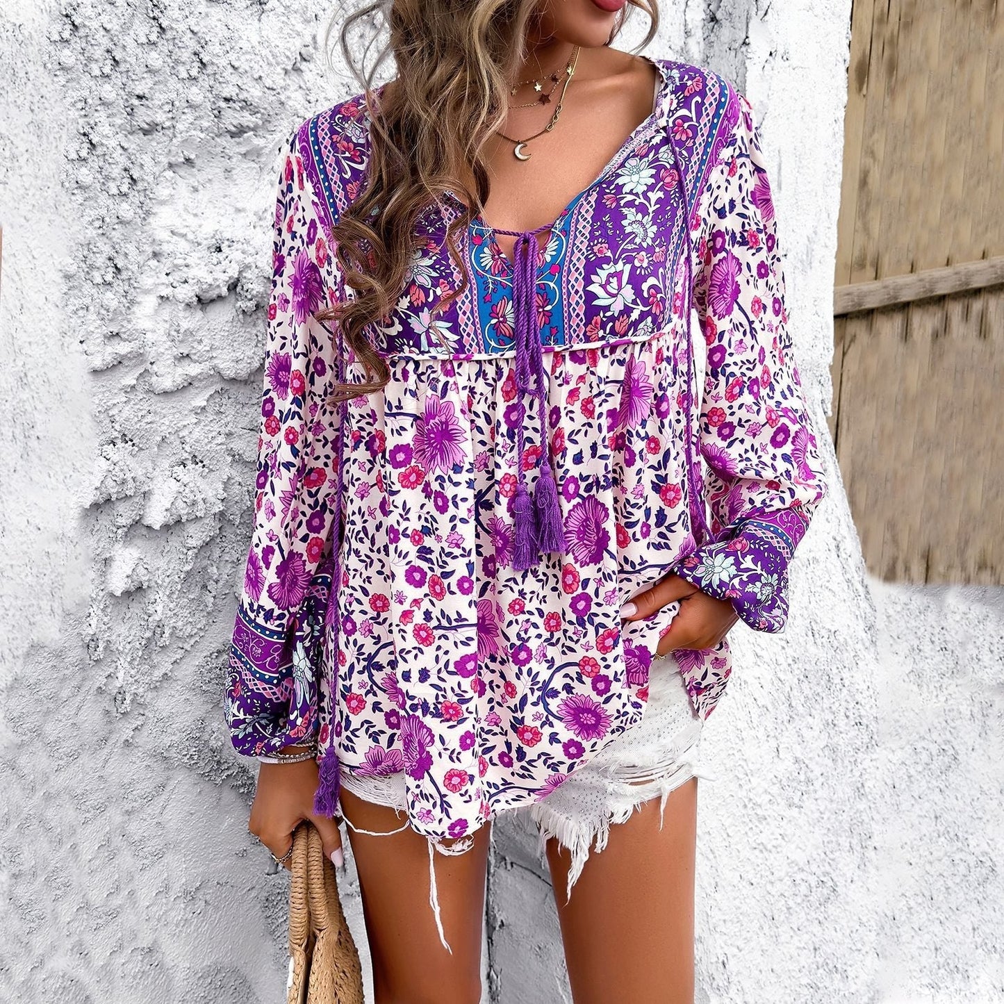 Effortless Floral Print Blouse for Women with V Neck Balloon Sleeve Tassel Tie Boho Style