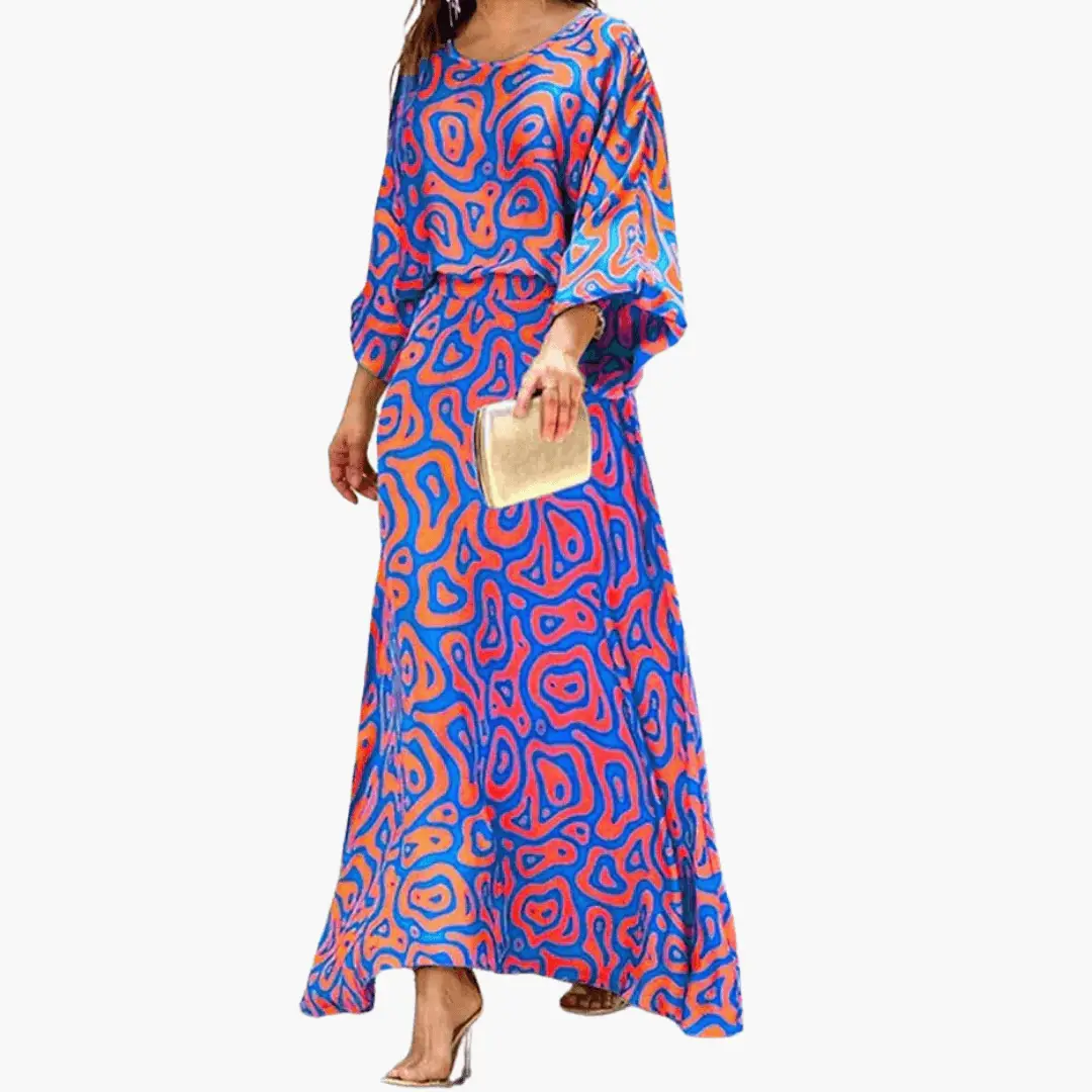 Elegant Abstract Print Maxi Dress for Women with Round Neck Batwing Sleeve Blouson Flowing Style