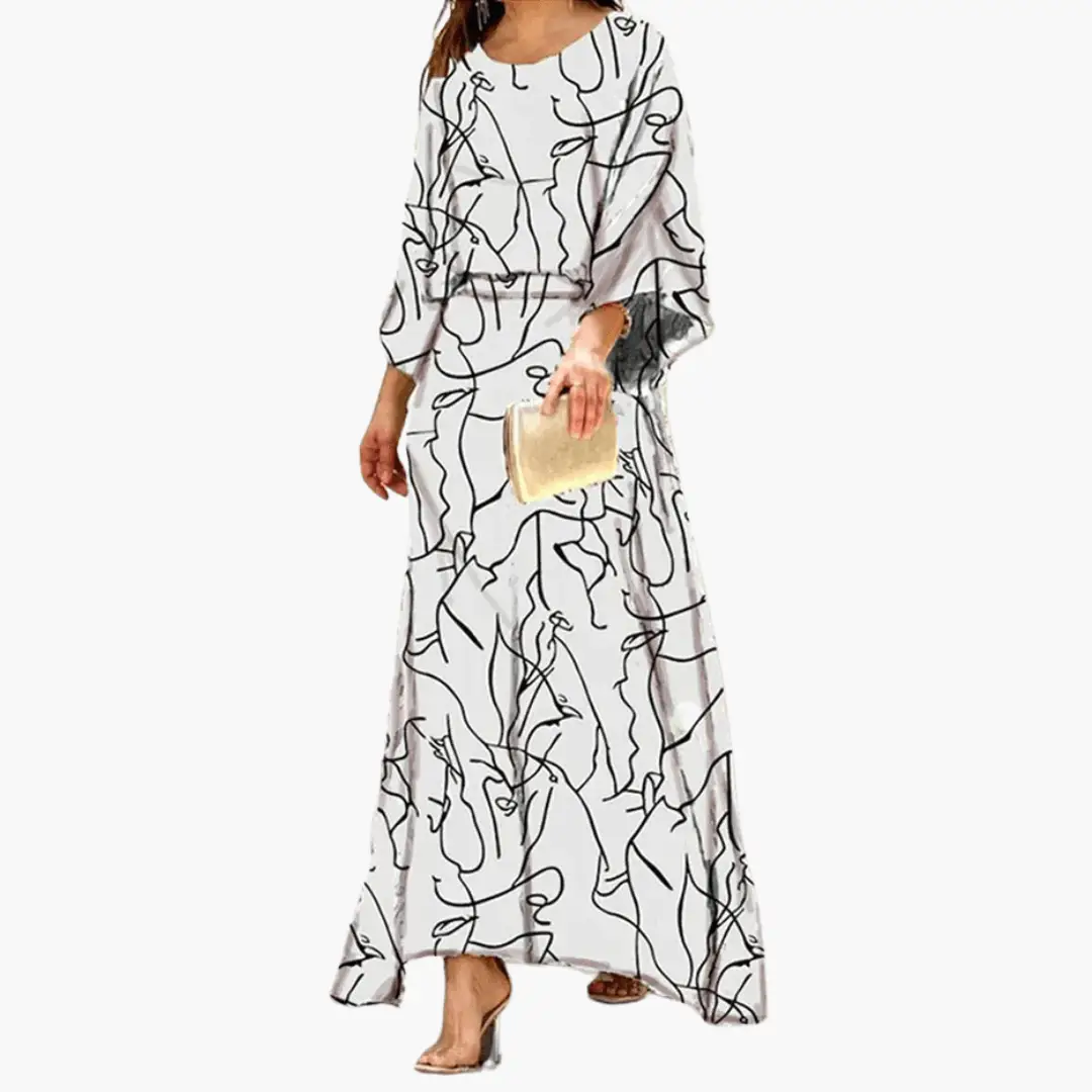 Elegant Abstract Print Maxi Dress for Women with Round Neck Batwing Sleeve Blouson Flowing Style