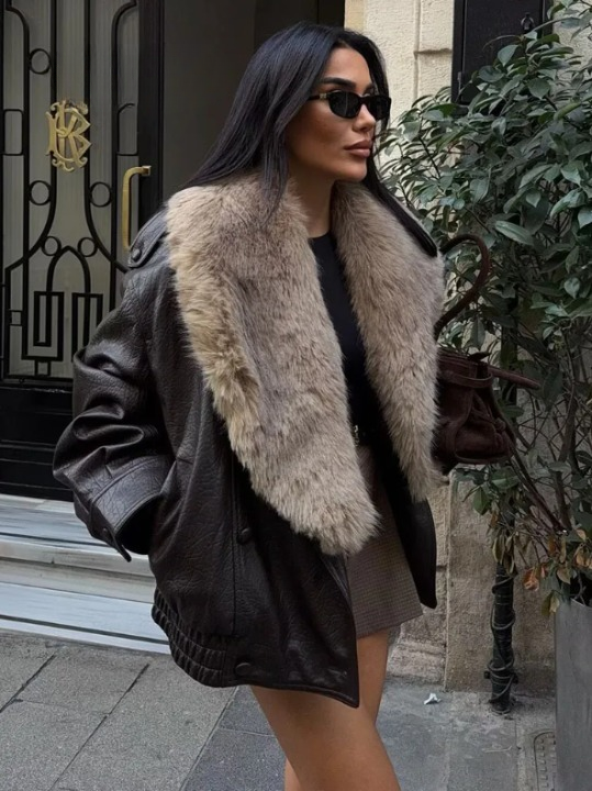 Stylish Leather Bomber Jacket for Women with Faux Fur Collar Long Sleeve Snap Button Relaxed Style