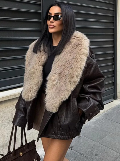 Stylish Leather Bomber Jacket for Women with Faux Fur Collar Long Sleeve Snap Button Relaxed Style
