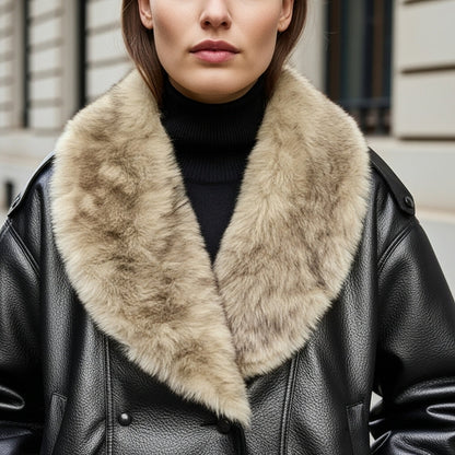 Stylish Leather Bomber Jacket for Women with Faux Fur Collar Long Sleeve Snap Button Relaxed Style