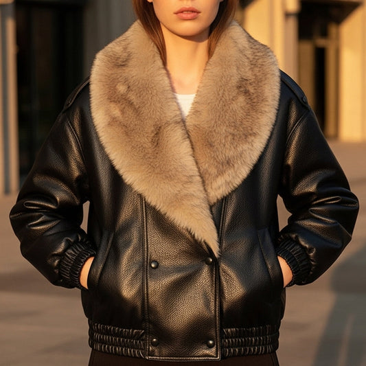 Stylish Leather Bomber Jacket for Women with Faux Fur Collar Long Sleeve Snap Button Relaxed Style