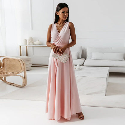 Elegant Wrap Maxi Dress for Women with V Neck Sleeveless Tie Waist Flowing Formal Wedding Guest Style