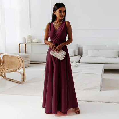 Elegant Wrap Maxi Dress for Women with V Neck Sleeveless Tie Waist Flowing Formal Wedding Guest Style