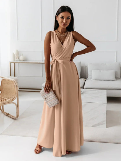 Elegant Wrap Maxi Dress for Women with V Neck Sleeveless Tie Waist Flowing Formal Wedding Guest Style
