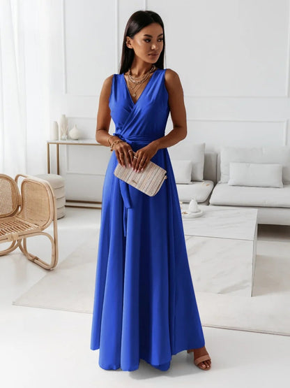 Elegant Wrap Maxi Dress for Women with V Neck Sleeveless Tie Waist Flowing Formal Wedding Guest Style