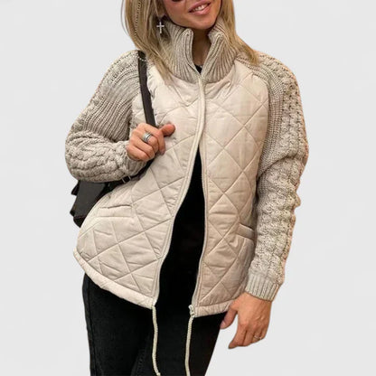 Comfortable Quilted Knit Sweater Jacket for Women with High Neck Long Sleeve Zip Front Casual Style
