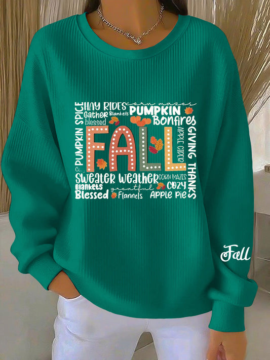 Comfortable Teal Green Fall Graphic Sweatshirt for Women with Crew Neck Long Sleeve Ribbed Oversized Knit Style