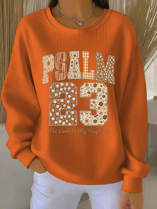 Comfortable Orange Graphic Sweatshirt for Women with Crew Neck Long Sleeve Ribbed Oversized Casual Style