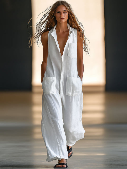 Elegant White Linen Jumpsuit for Women with Collar Sleeveless Wide Leg Relaxed Style