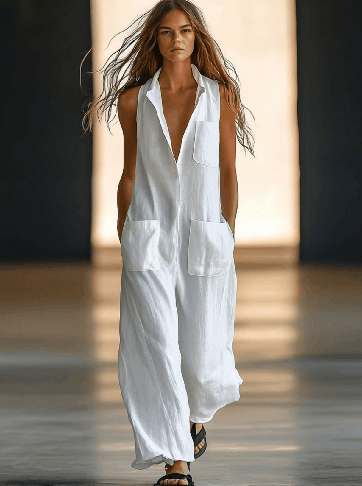 Elegant White Linen Jumpsuit for Women with Collar Sleeveless Wide Leg Relaxed Style