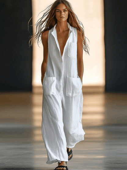 Elegant White Linen Jumpsuit for Women with Collar Sleeveless Wide Leg Relaxed Style