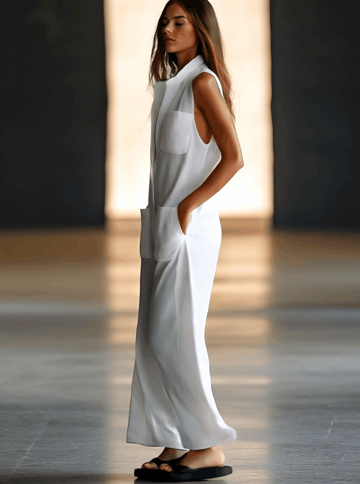 Elegant White Linen Jumpsuit for Women with Collar Sleeveless Wide Leg Relaxed Style