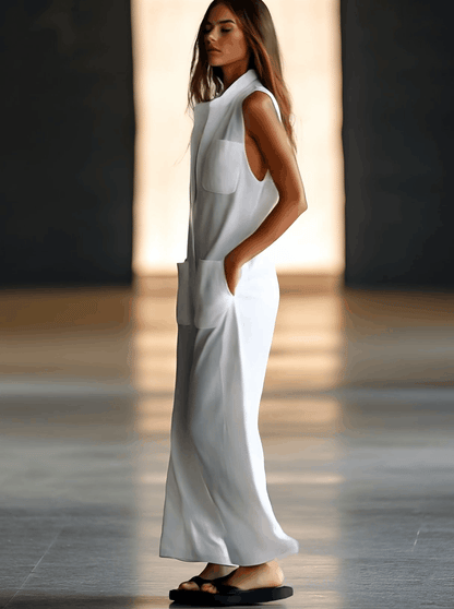 Elegant White Linen Jumpsuit for Women with Collar Sleeveless Wide Leg Relaxed Style