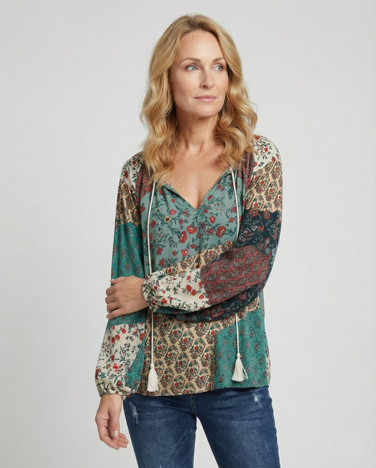 Effortless Patchwork Floral Blouse for Women with V Neck Long Sleeve Tassel Tie Bohemian Style