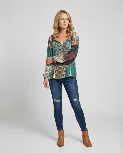 Effortless Patchwork Floral Blouse for Women with V Neck Long Sleeve Tassel Tie Bohemian Style