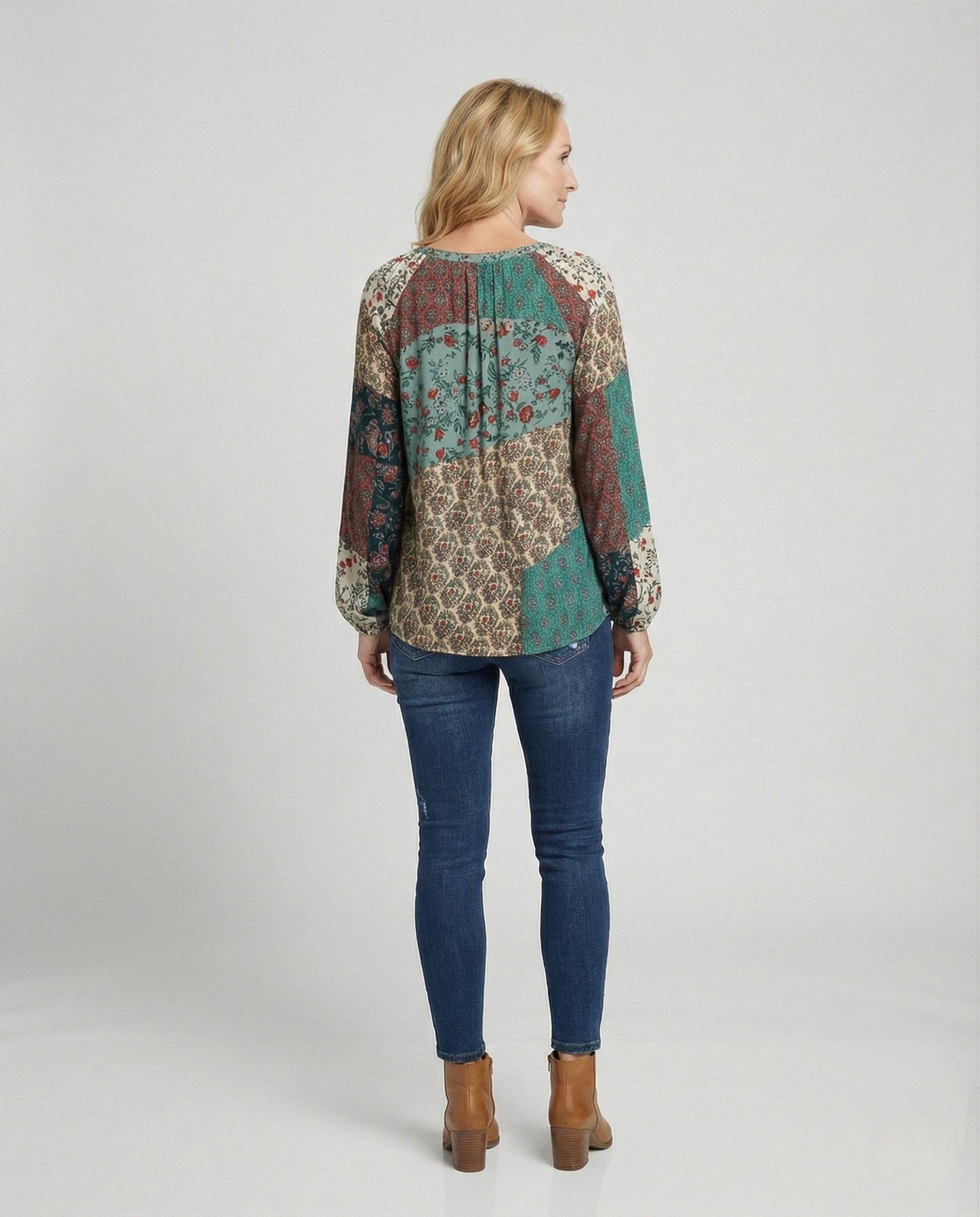 Effortless Patchwork Floral Blouse for Women with V Neck Long Sleeve Tassel Tie Bohemian Style