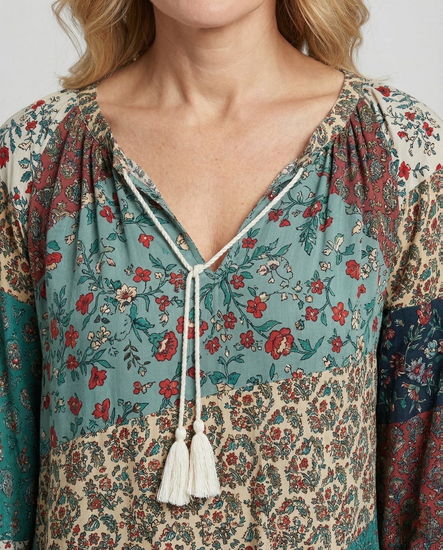 Effortless Patchwork Floral Blouse for Women with V Neck Long Sleeve Tassel Tie Bohemian Style