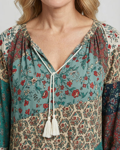 Effortless Patchwork Floral Blouse for Women with V Neck Long Sleeve Tassel Tie Bohemian Style