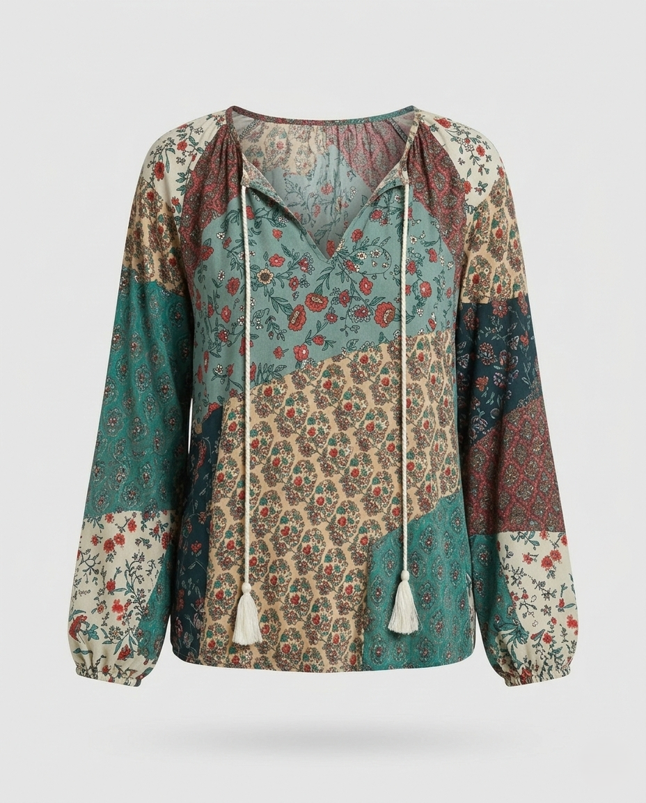 Effortless Patchwork Floral Blouse for Women with V Neck Long Sleeve Tassel Tie Bohemian Style