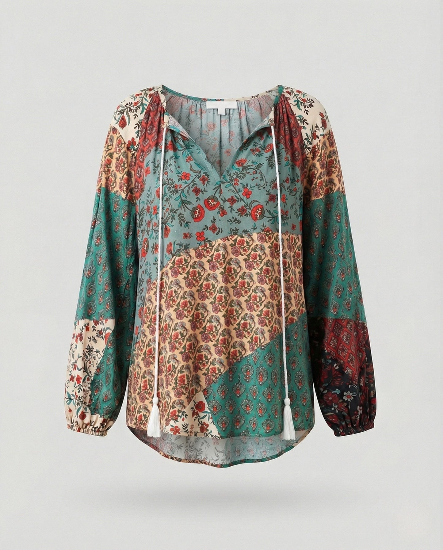 Effortless Patchwork Floral Blouse for Women with V Neck Long Sleeve Tassel Tie Bohemian Style