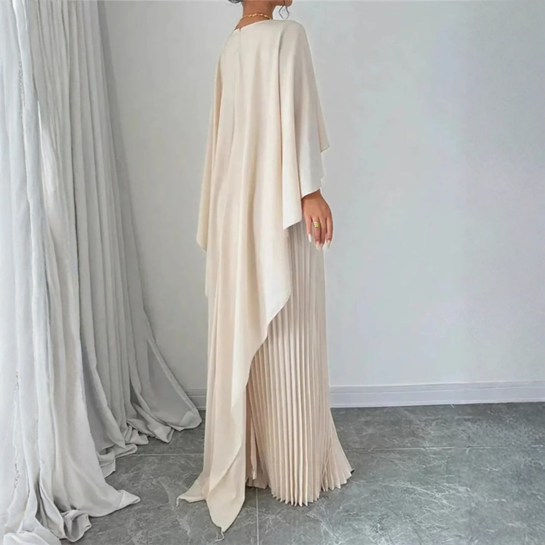 Elegant Pleated Maxi Dress for Women with High Neck Cape Sleeve Column Flowing Style