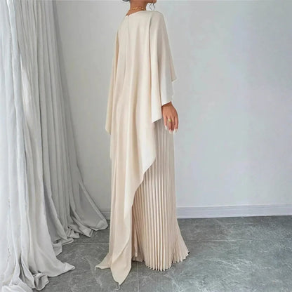 Elegant Pleated Maxi Dress for Women with High Neck Cape Sleeve Column Flowing Style