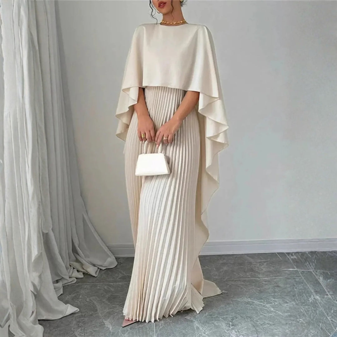 Elegant Pleated Maxi Dress for Women with High Neck Cape Sleeve Column Flowing Style