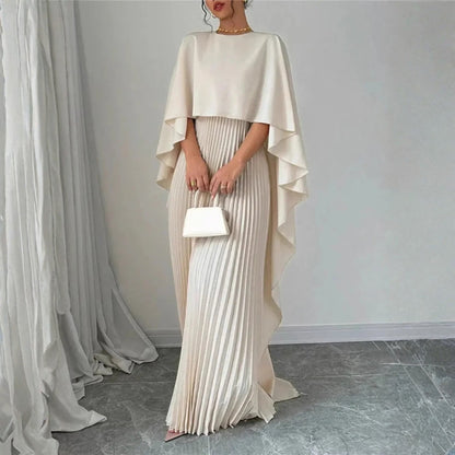 Elegant Pleated Maxi Dress for Women with High Neck Cape Sleeve Column Flowing Style