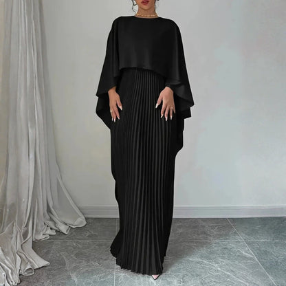 Elegant Pleated Maxi Dress for Women with High Neck Cape Sleeve Column Flowing Style