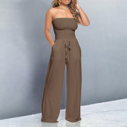 Effortless Smocked Wide Leg Jumpsuit for Women with Strapless Drawstring Waist Pocket Casual Style