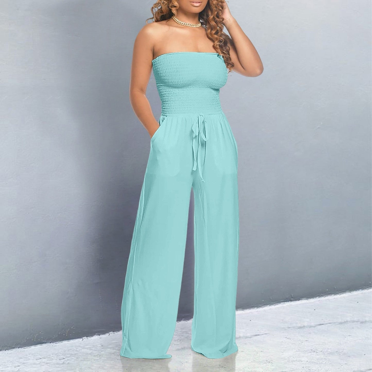 Effortless Smocked Wide Leg Jumpsuit for Women with Strapless Drawstring Waist Pocket Casual Style