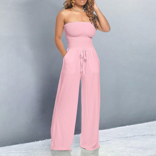 Effortless Smocked Wide Leg Jumpsuit for Women with Strapless Drawstring Waist Pocket Casual Style