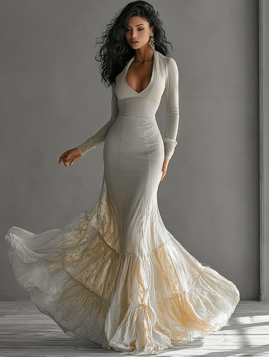 Elegant Beige Mermaid Maxi Dress for Women with V Neck Long Sleeve Tiered Ruffle Flowing Style