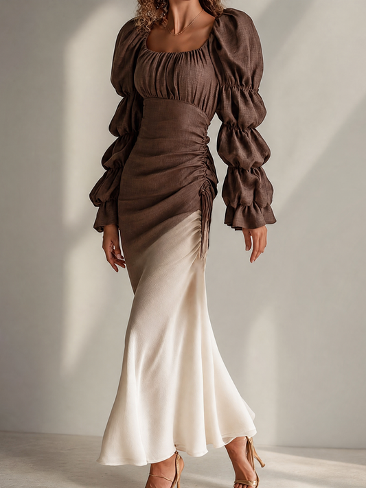 Elegant Brown Color Block Maxi Dress for Women with Square Neck Puff Sleeve Ruched Mermaid Hem Flowing Style