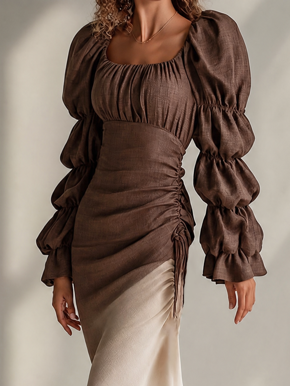 Elegant Brown Color Block Maxi Dress for Women with Square Neck Puff Sleeve Ruched Mermaid Hem Flowing Style