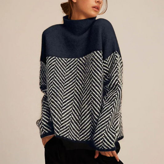 Comfortable Chevron Print Sweater for Women with Turtleneck Long Sleeve Oversized Colorblock Knit Style